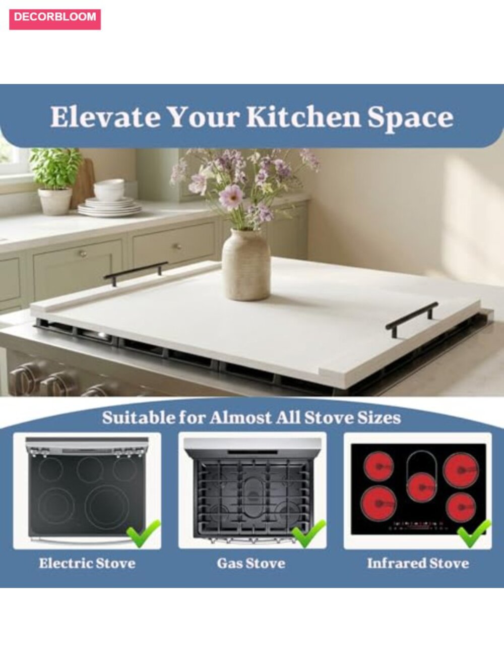 White Stove Top Cover for Gas & Electric Range, Farmhouse Noodle Board with - Picture 2 of 5